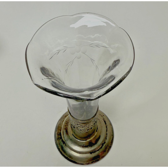 Antique 6" Art Nouveau Clear Cut Crystal Trumpet Bud Vase Filigree Metal Base - Picture 7 of 7